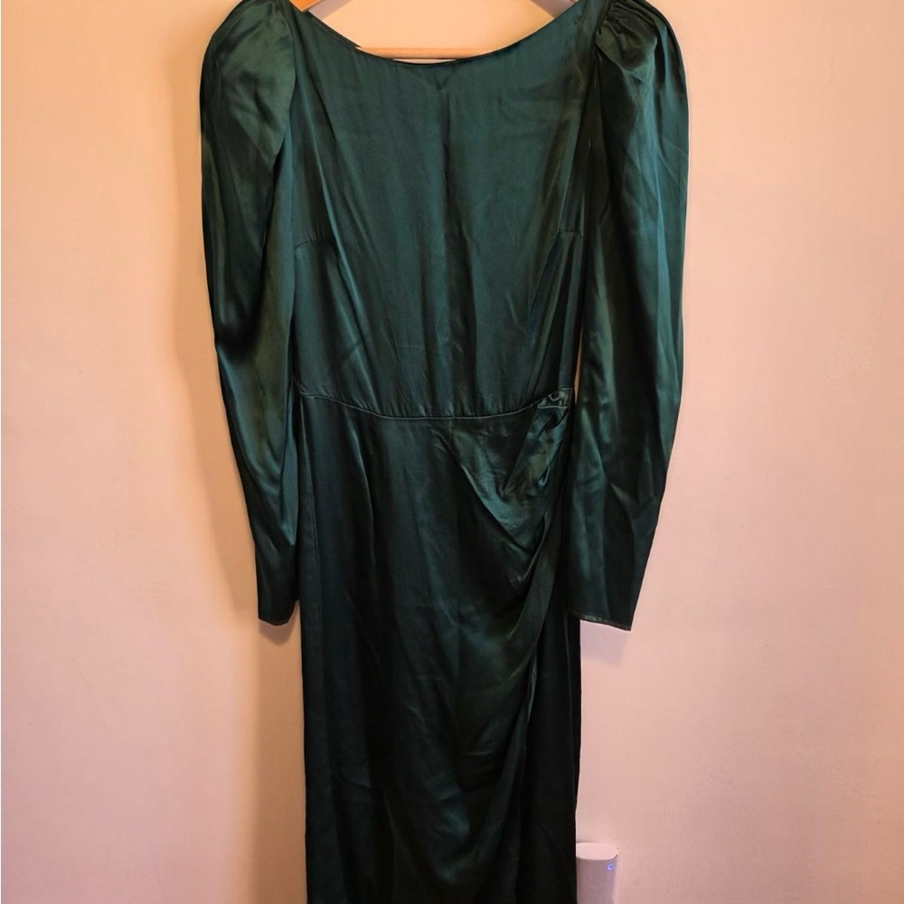 Reformation Deep Green Long Sleeve Satin Dress